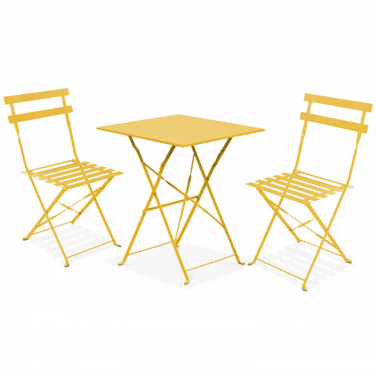 Mesa de jardín cuadrada de metal 60 x 60 cm y 2 sillas plegables | Oviala