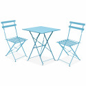Mesa de jardín cuadrada de metal y 2 sillas plegables AZUL