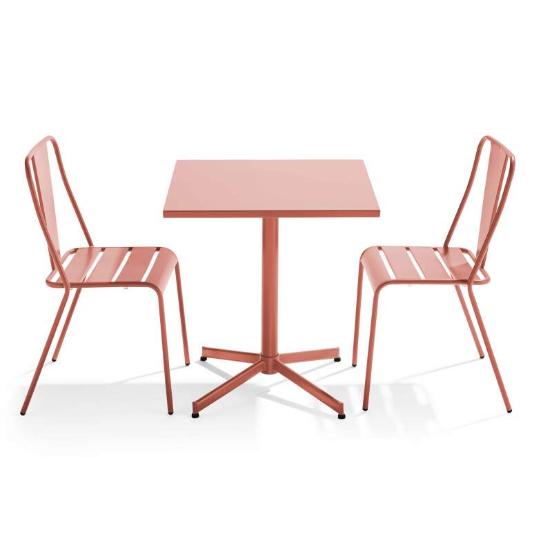Mesa de jardín bistró cuadrada inclinable de 70 x 70 cm y 2 sillas de metal