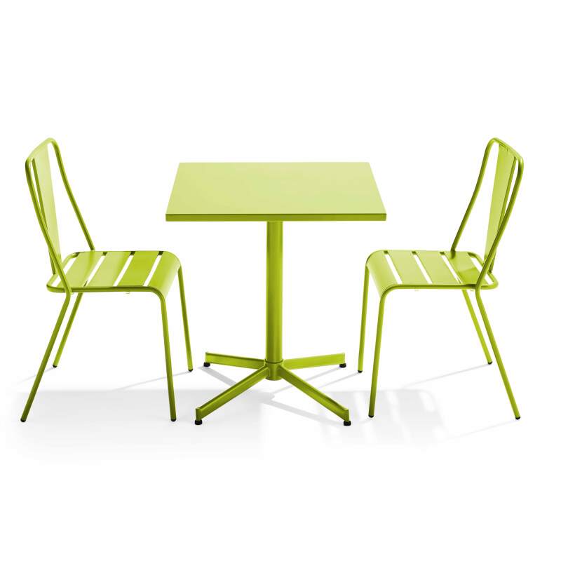 Mesa de jardín bistró cuadrada inclinable de 70 x 70 cm y 2 sillas de metal