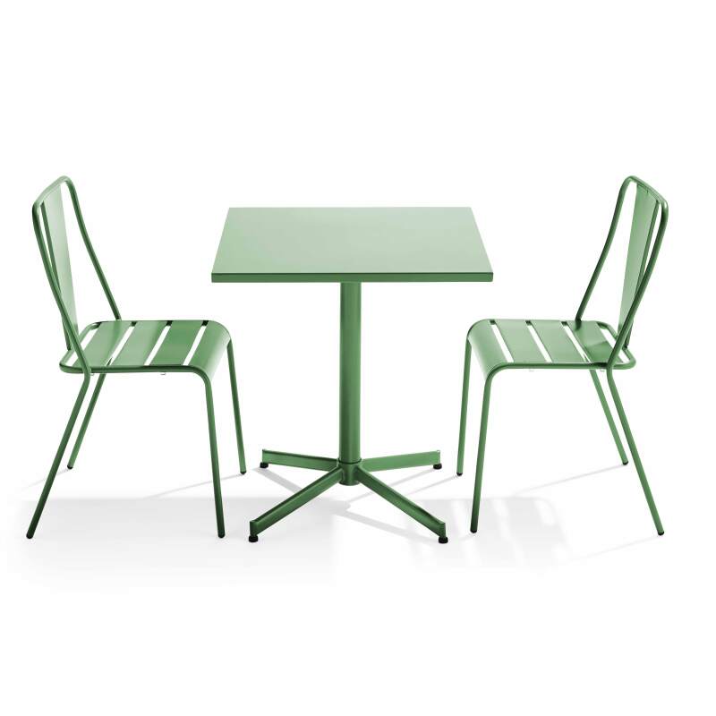 Mesa de jardín bistró cuadrada inclinable de 70 x 70 cm y 2 sillas de metal