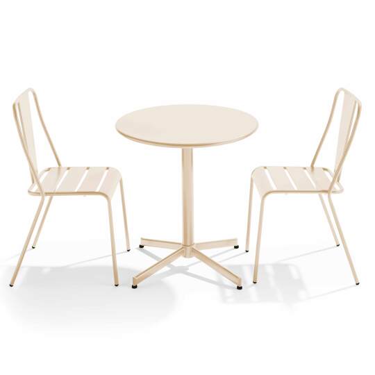 Mesa de jardín bistro redonda inclinable de metal Ø70 cm y 2 sillas | Oviala