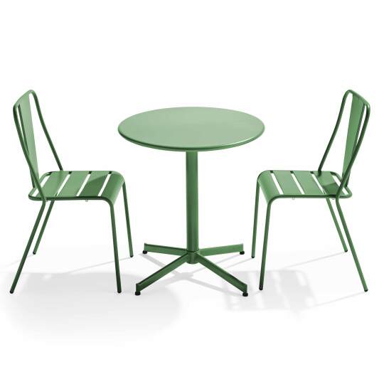 Mesa de jardín bistro redonda inclinable de metal Ø70 cm y 2 sillas | Oviala