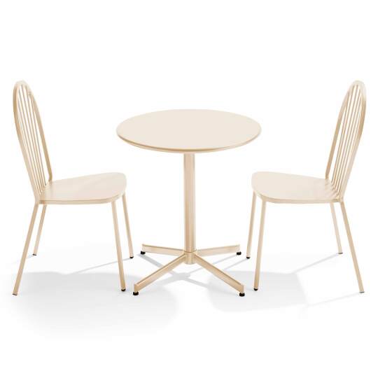Mesa de jardín bistro redonda inclinable de metal Ø70 cm y 2 sillas | Oviala