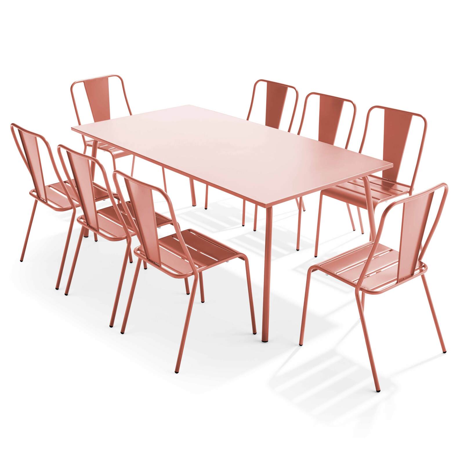 Mesa de jardín rectangular de 180 x 90 y 8 sillas de bistró de metal