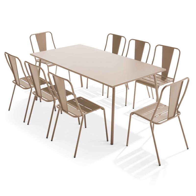Mesa de jardín rectangular de 180 x 90 y 8 sillas de bistró de metal