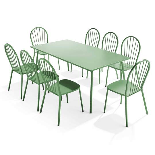 Mesa de jardín rectangular de 180 x 90 cm y 8 sillas de bistró de metal