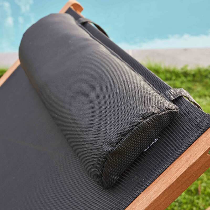 Lote de 2 tumbonas con cojín y bandeja + 5 posiciones de madera de eucalipto FSC®