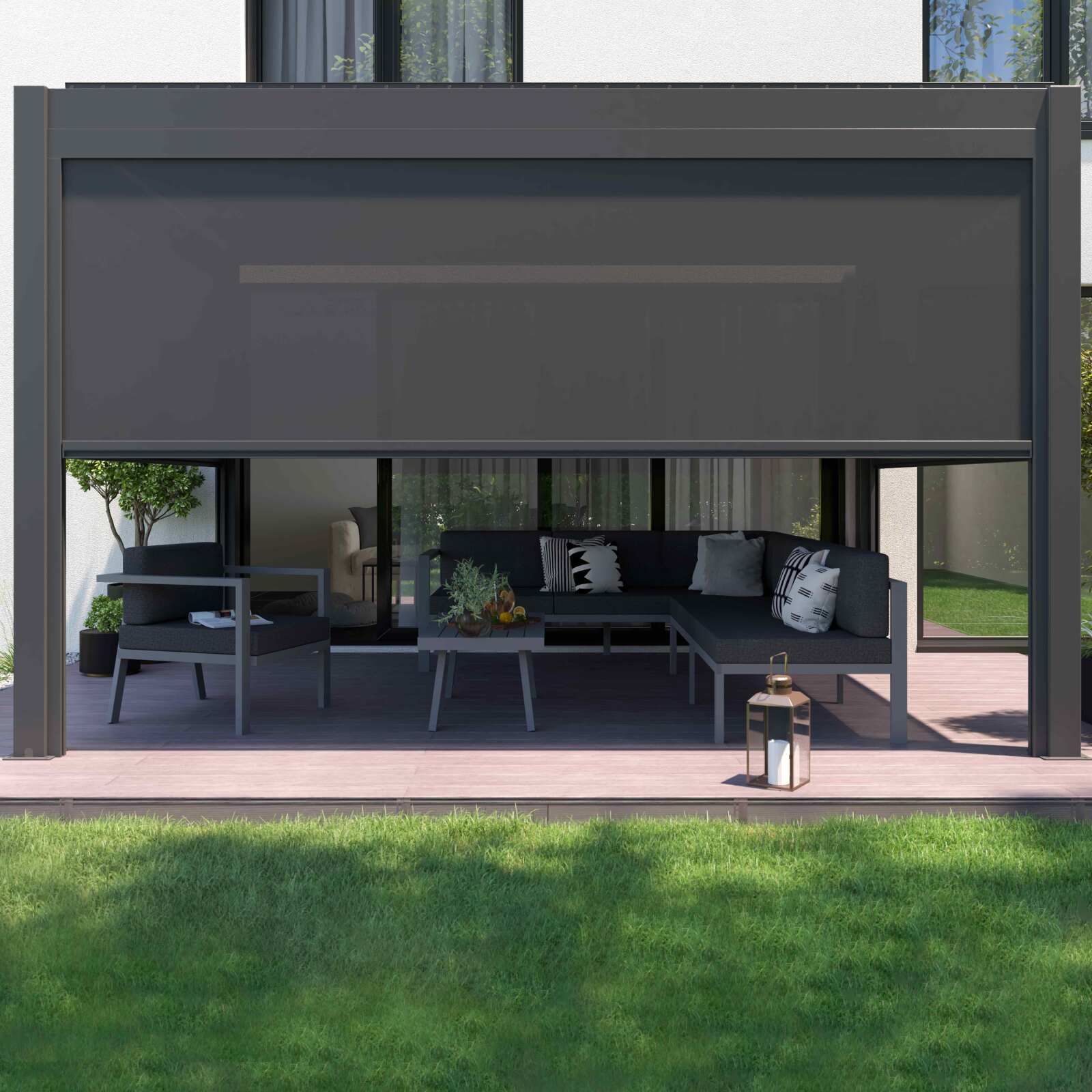 Pérgola bioclimática autoportante motorizada/iluminada de 3x4m en aluminio con 1, 2 o 3 toldos