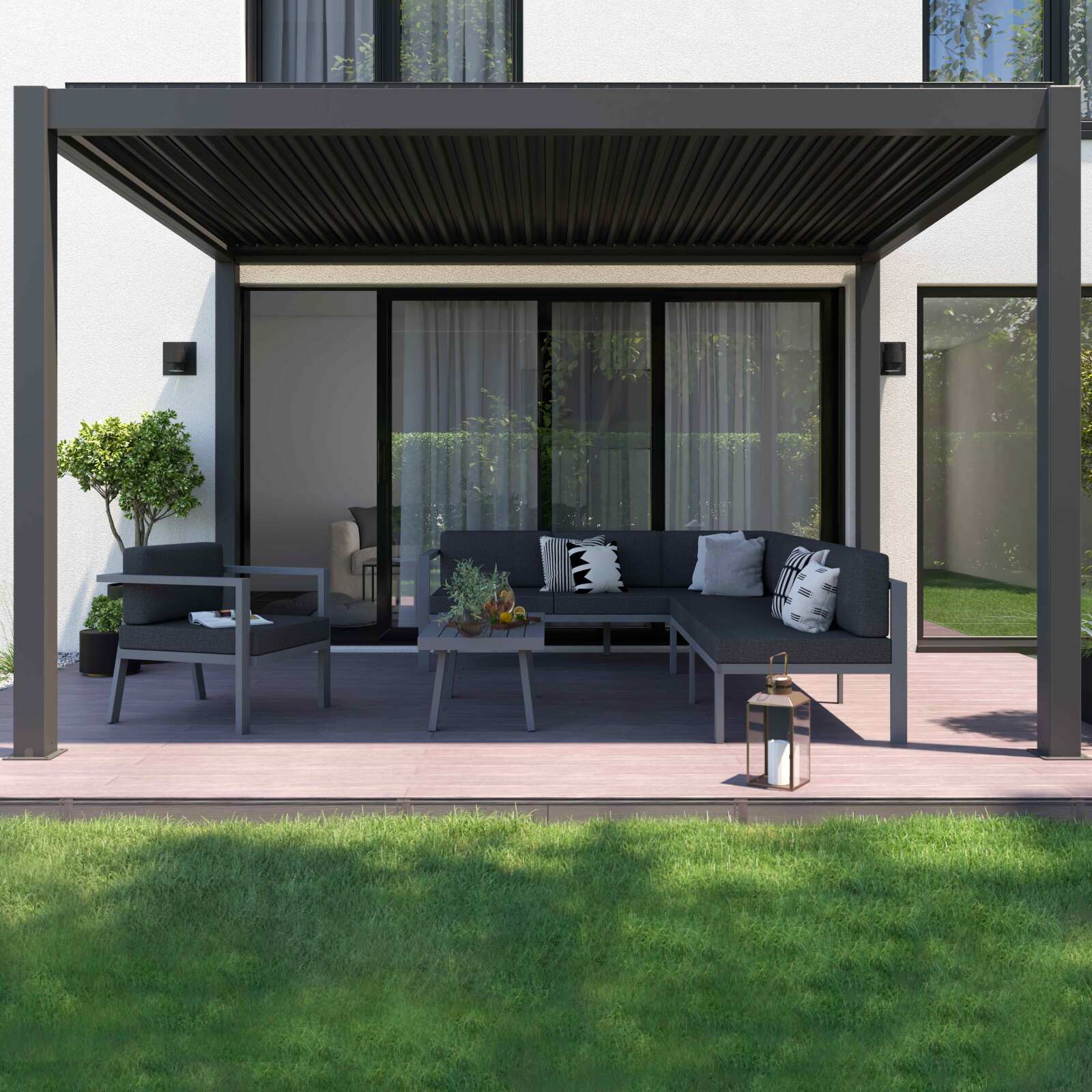 Pérgola bioclimática autoportante motorizada/iluminada de 3x4m en aluminio con 1, 2 o 3 toldos