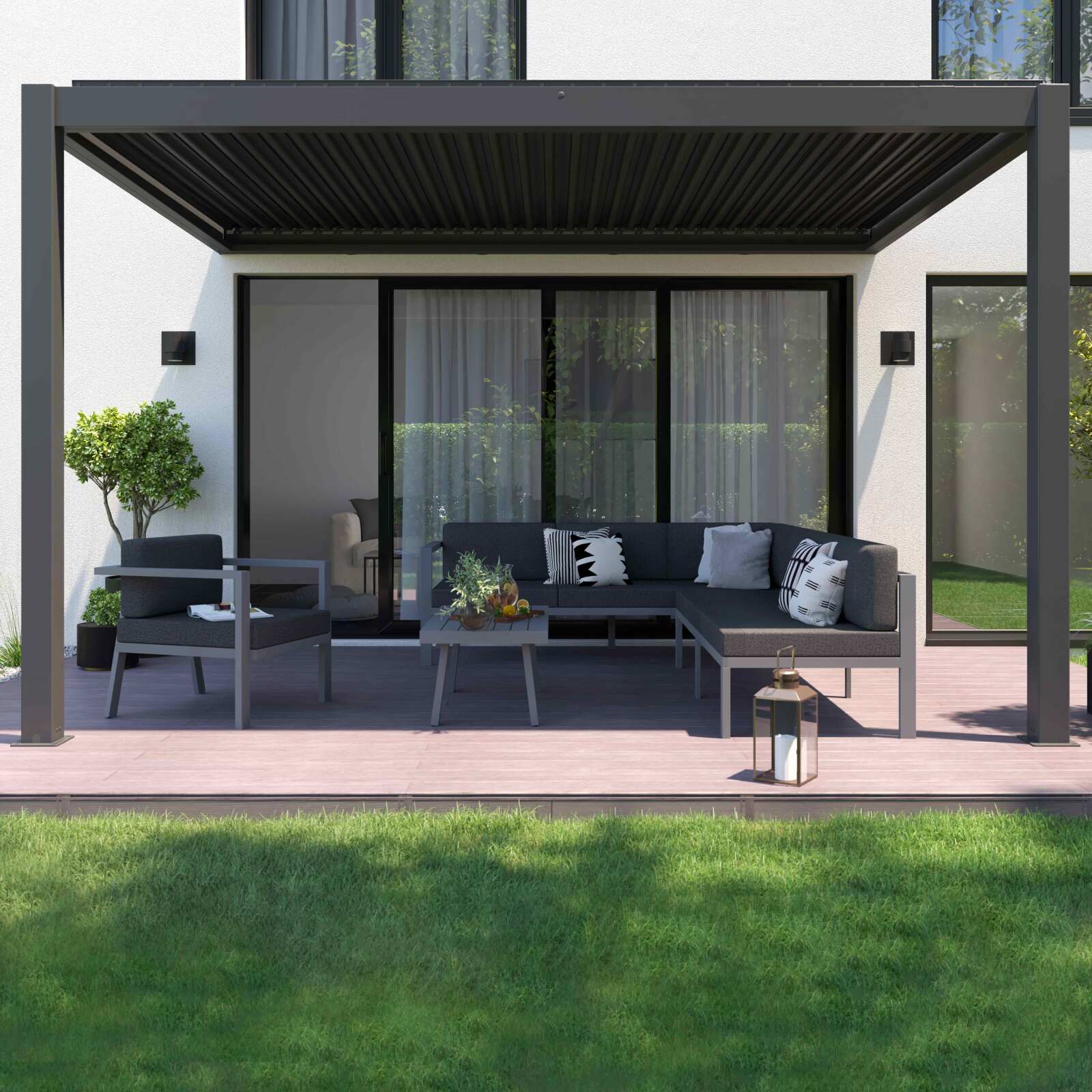 Pérgola adosada motorizada/iluminada de aluminio de 3x4m con 1, 2 o 3 toldos
