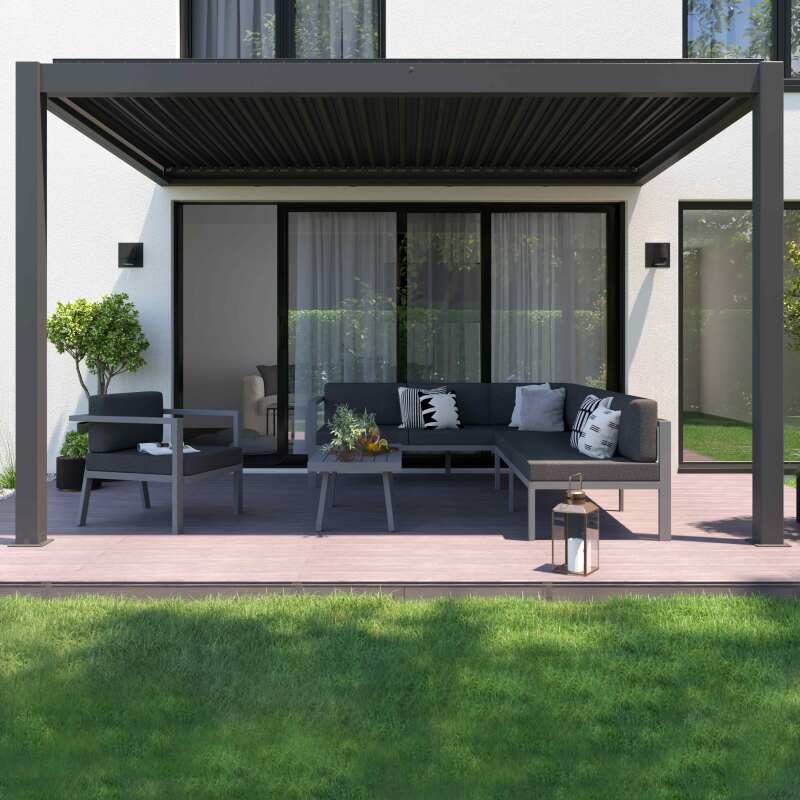 Pérgola adosada motorizada/iluminada de aluminio de 3x4m con 1, 2 o 3 toldos