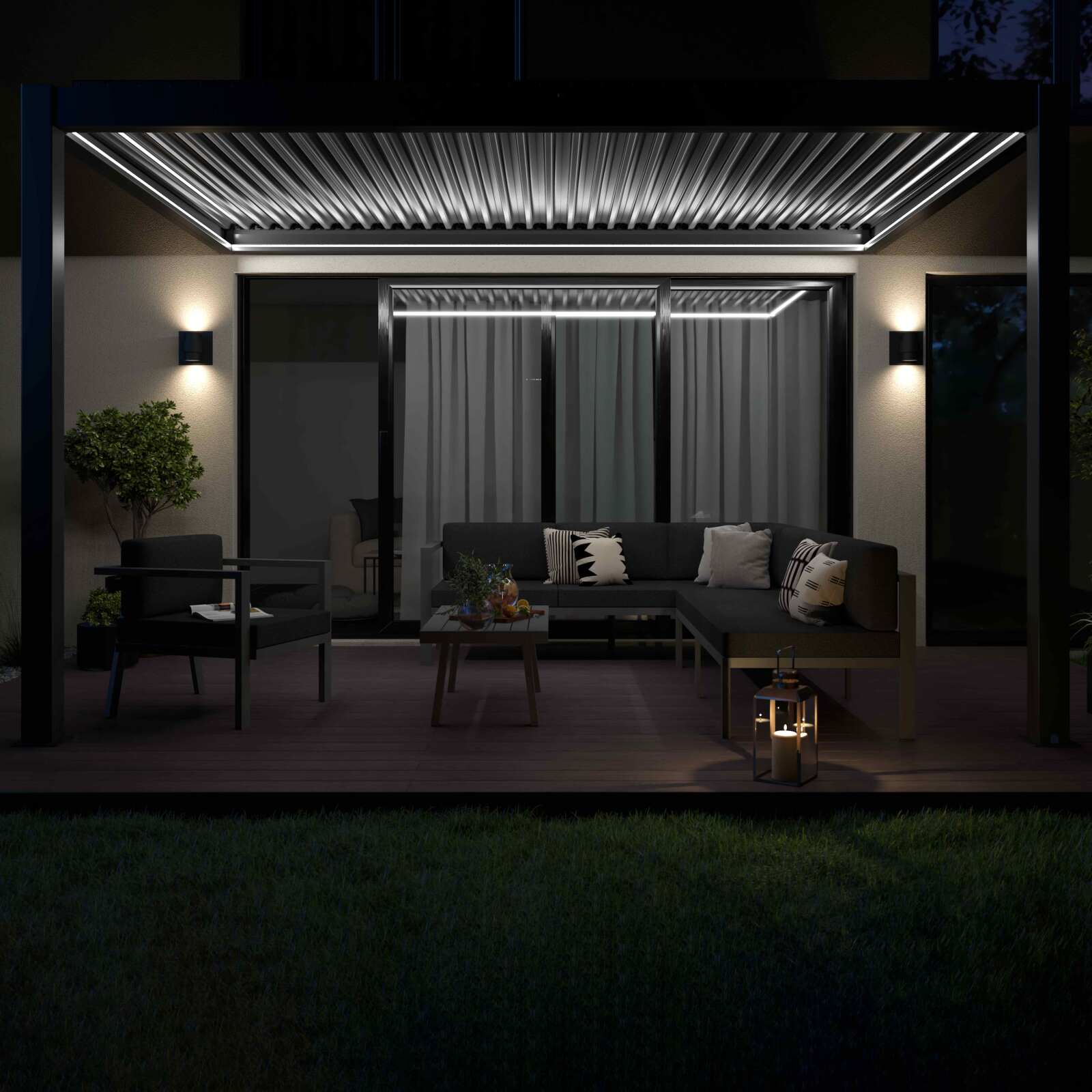 Pérgola adosada motorizada/iluminada de aluminio de 3x4m con 1, 2 o 3 toldos