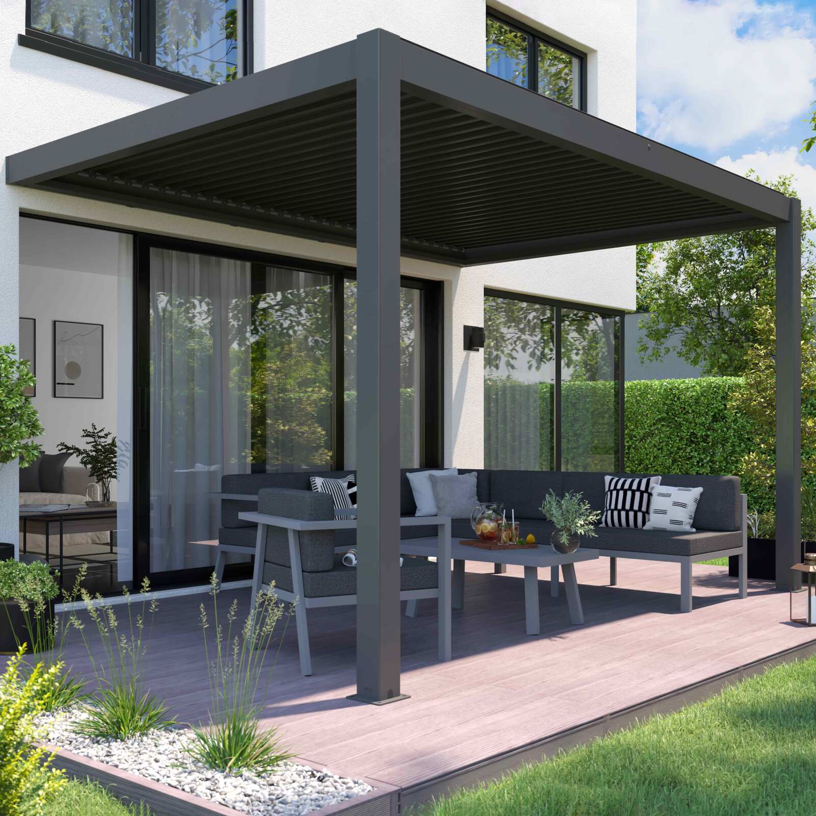 Pérgola adosada motorizada/iluminada de aluminio de 3x4m con 1, 2 o 3 toldos