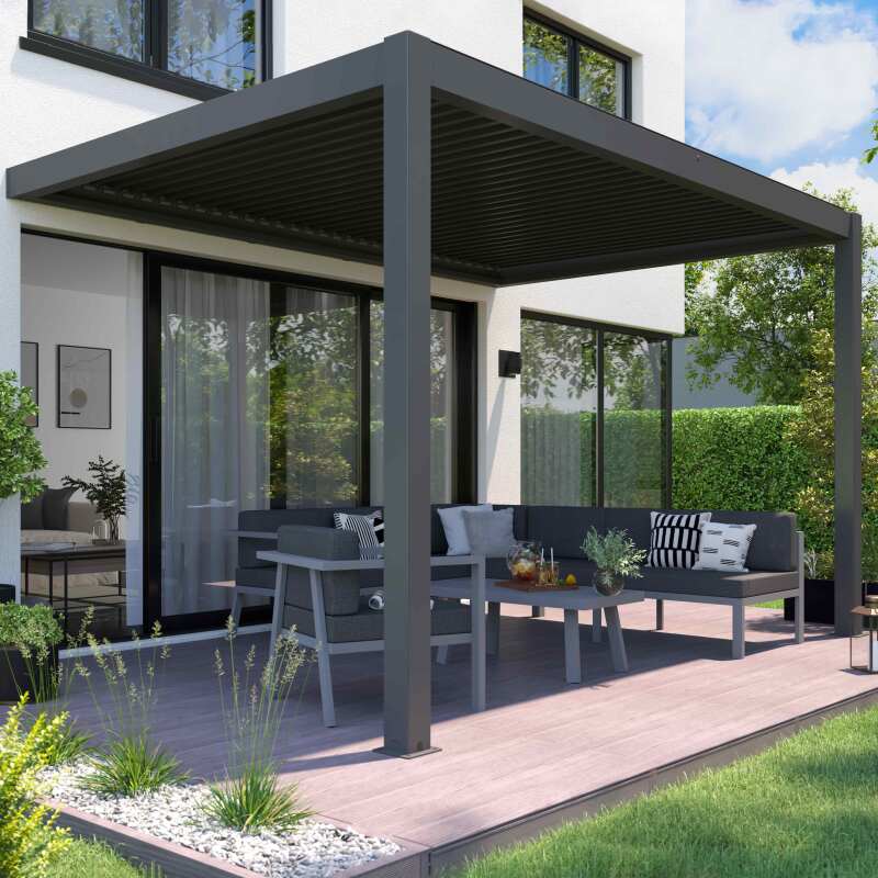 Pérgola adosada motorizada/iluminada de aluminio de 3x4m con 1, 2 o 3 toldos