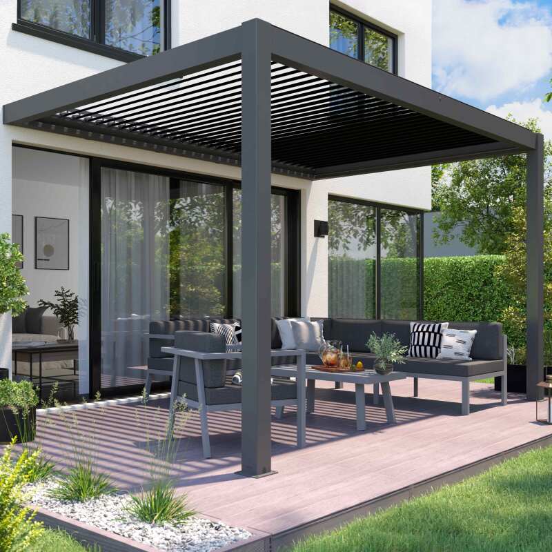 Pérgola adosada motorizada/iluminada de aluminio de 3x4m con 1, 2 o 3 toldos
