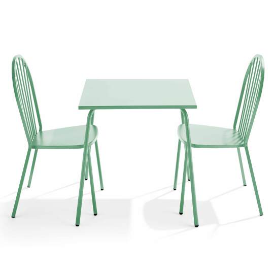 Mesa de jardín cuadrada de 70 x 70 cm y 2 sillas de metal