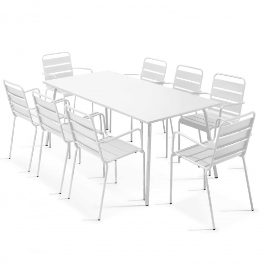 Mesa de jardín rectangular y 8 sillas de metal apilables | Oviala