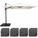 Conjunto de sombrilla desplazada cuadrada (3 x 3m) giratoria 360° + 4 losas para rellenar y estabilizar