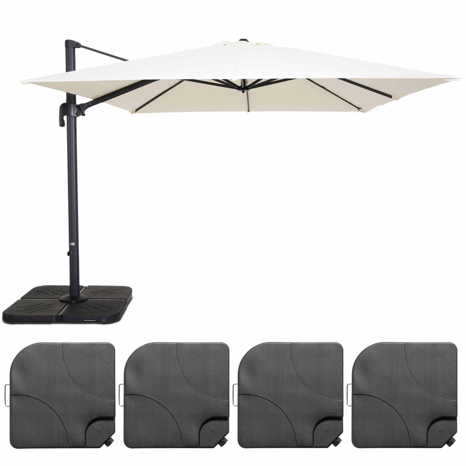 Conjunto de sombrilla desplazada cuadrada (3 x 3m) giratoria 360° + 4 losas para rellenar y estabilizar
