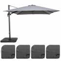 Conjunto de sombrilla desplazada cuadrada (3 x 3m) giratoria 360° + 4 losas para rellenar y estabilizar