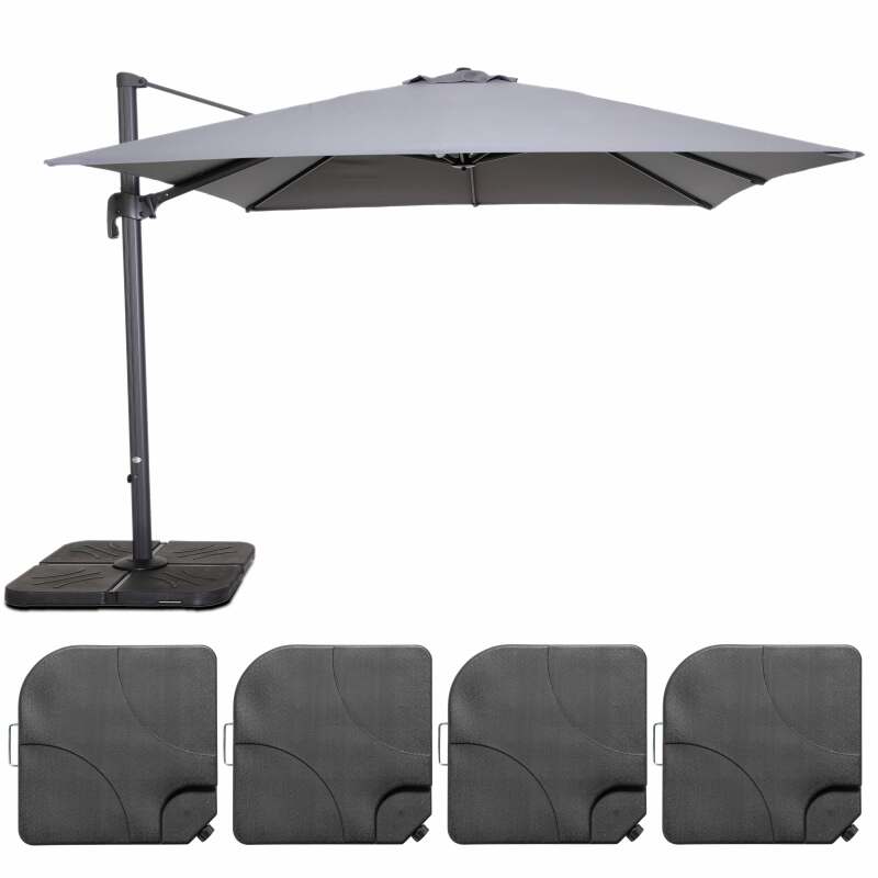 Conjunto de sombrilla desplazada cuadrada (3 x 3m) giratoria 360° + 4 losas para rellenar y estabilizar