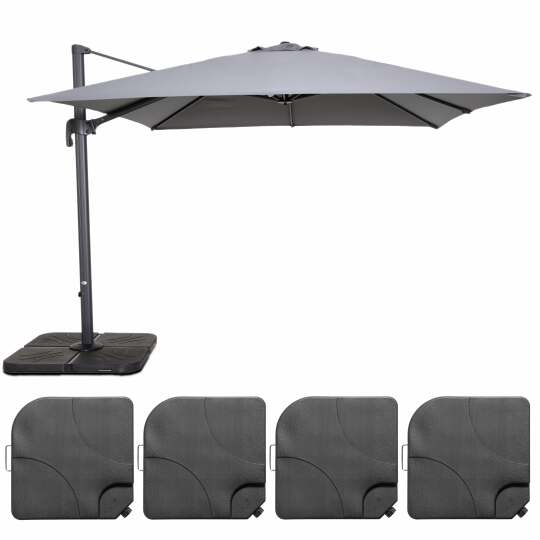 Conjunto de sombrilla desplazada cuadrada (3 x 3m) giratoria 360° + 4 losas para rellenar y estabilizar