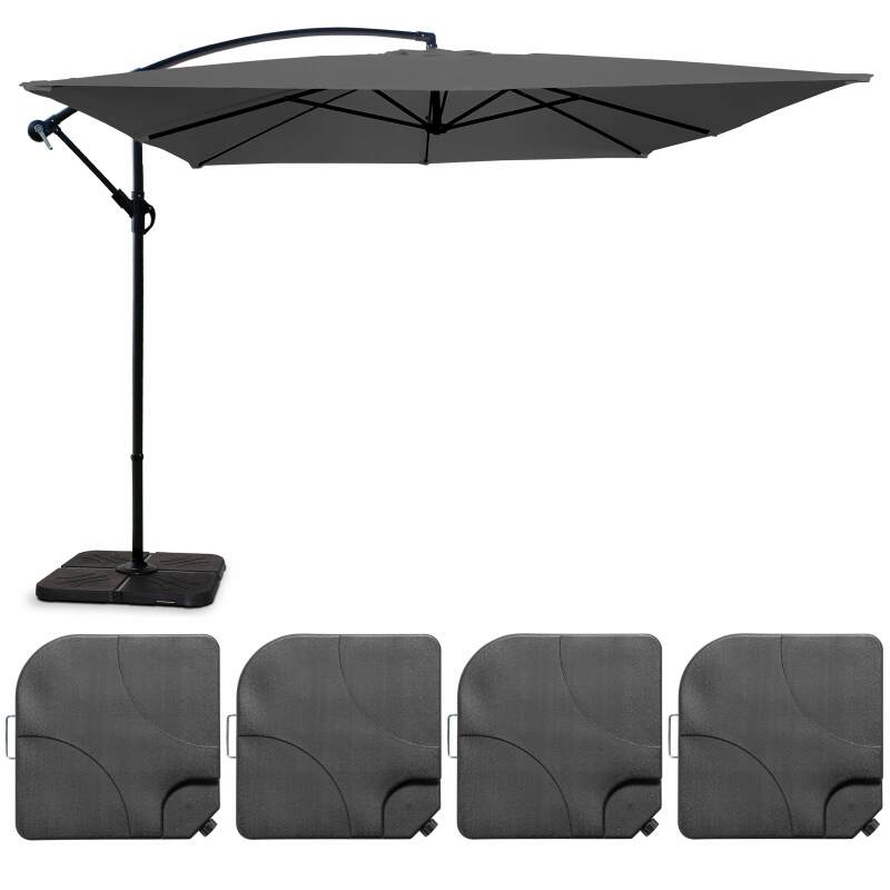 Conjunto de sombrilla desplazada cuadrada inclinable (3 x 3 m) + 4 losas para rellenar y estabilizar