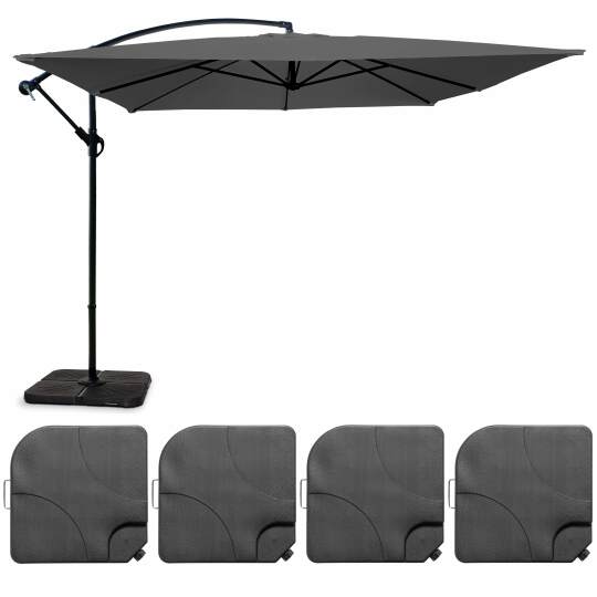 Conjunto de sombrilla desplazada cuadrada inclinable (3 x 3 m) + 4 losas para rellenar y estabilizar