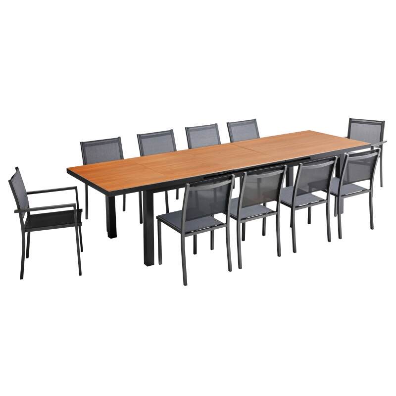 Conjunto de mesa de jardín rectangular extensible de 320 x 100 x 76 cm con 8 sillas y 2 sillas con reposabrazos