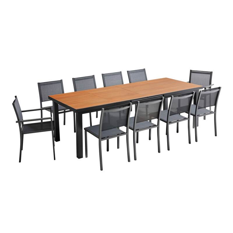 Conjunto de mesa de jardín rectangular extensible de 320 x 100 x 76 cm con 8 sillas y 2 sillas con reposabrazos