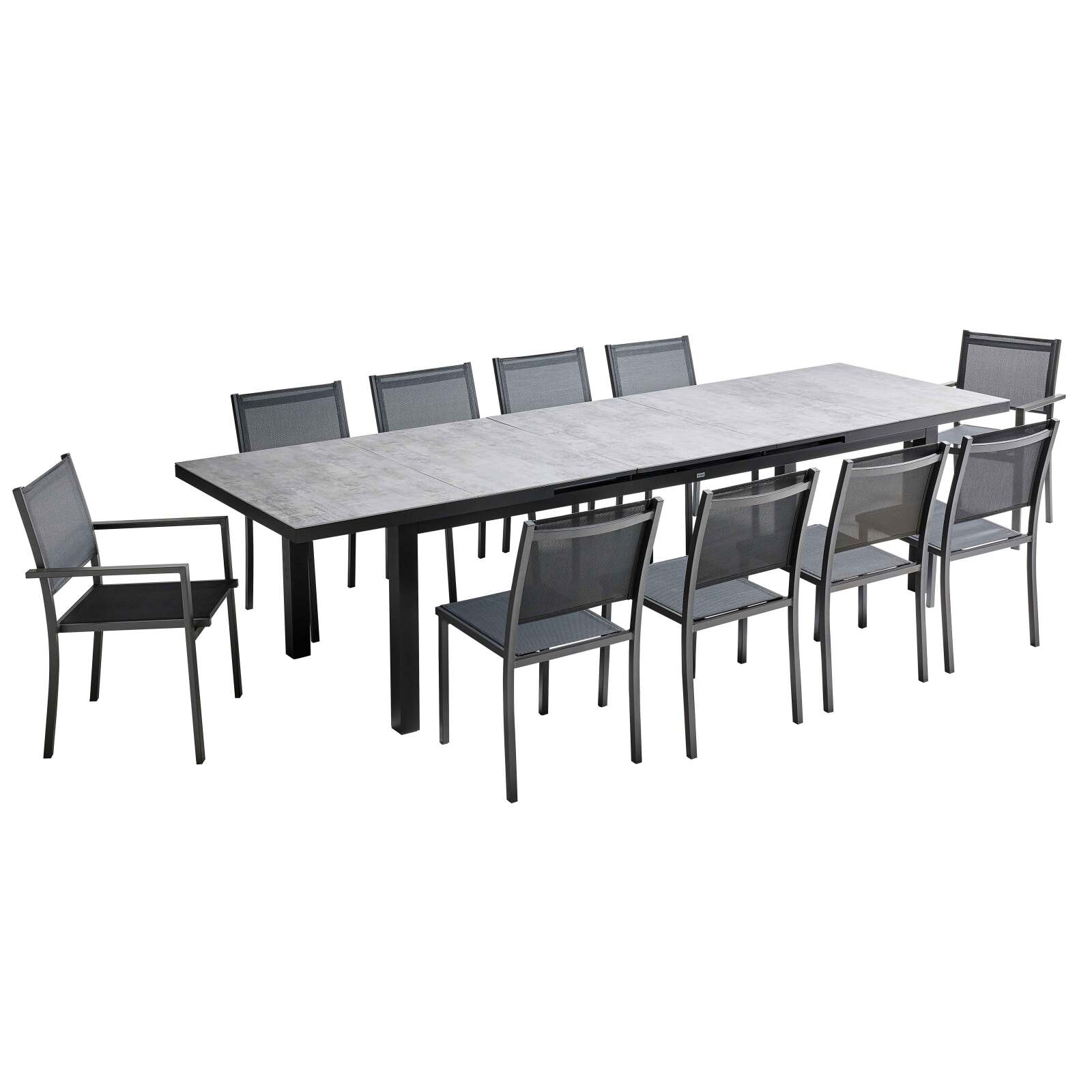 Conjunto de mesa de jardín rectangular extensible de 320 x 100 x 76 cm con 8 sillas y 2 sillas con reposabrazos