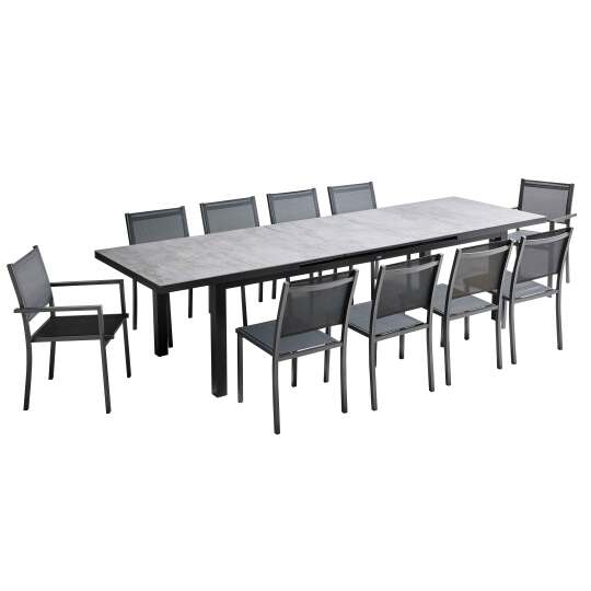 Mesa de jardín extensible de aluminio 256/320x100 cm y 10 sillas con reposabrazos de textilene | Oviala