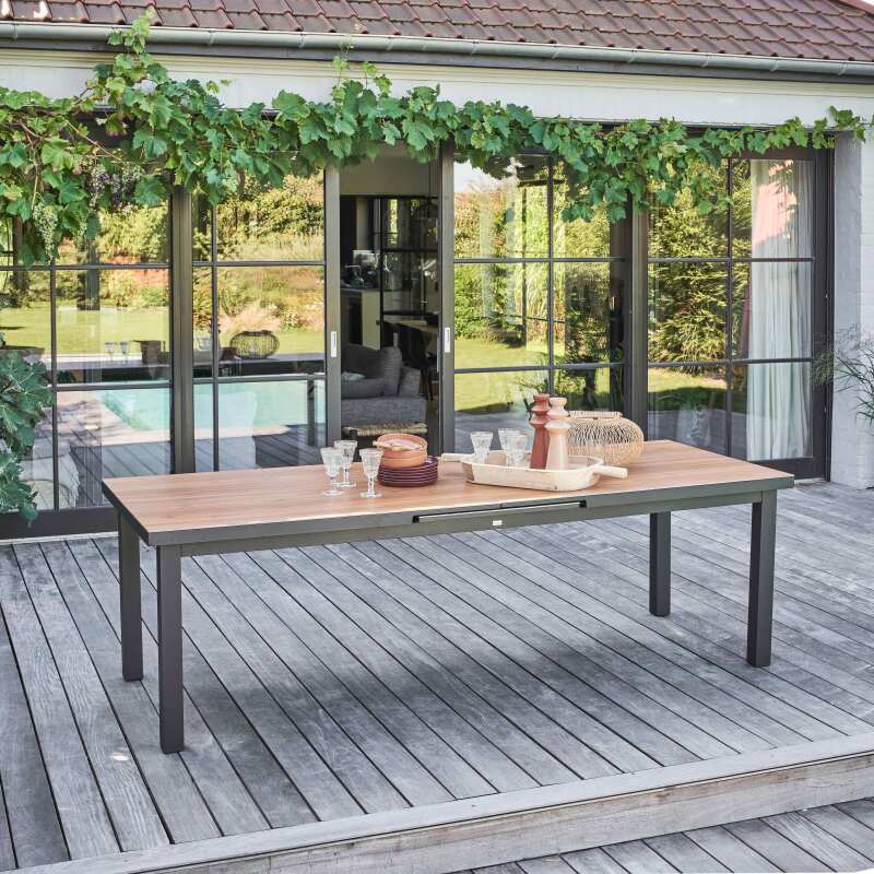 Conjunto de mesa de jardín rectangular extensible de 320 x 100 x 76 cm con 8 sillas y 2 sillas con reposabrazos