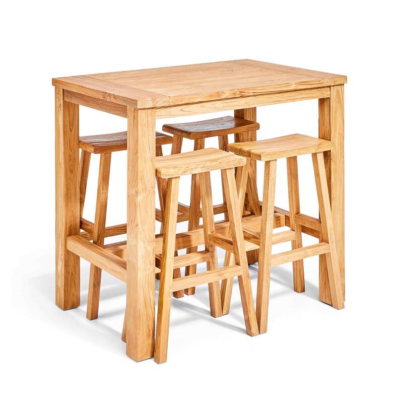 Mesa y 4 taburetes de bar de teca reciclada maciza FSC