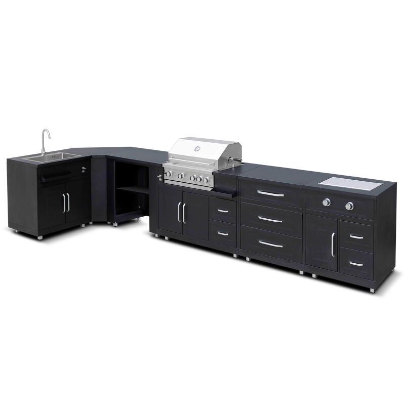 Cocina de exterior en forma de ángulo de 6 elementos con fregadero y 2 módulos de cocción