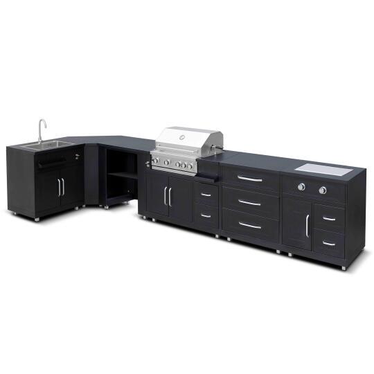 Cocina de exterior de metal de esquina con fregadero de exterior, cocina de gas, barbacoa y almacenaje - 6 módulos | Oviala