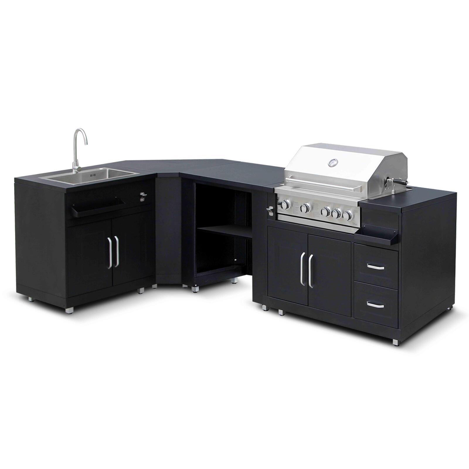 Cocina de exterior en ángulo de 4 elementos con fregadero y módulo de cocina para barbacoa