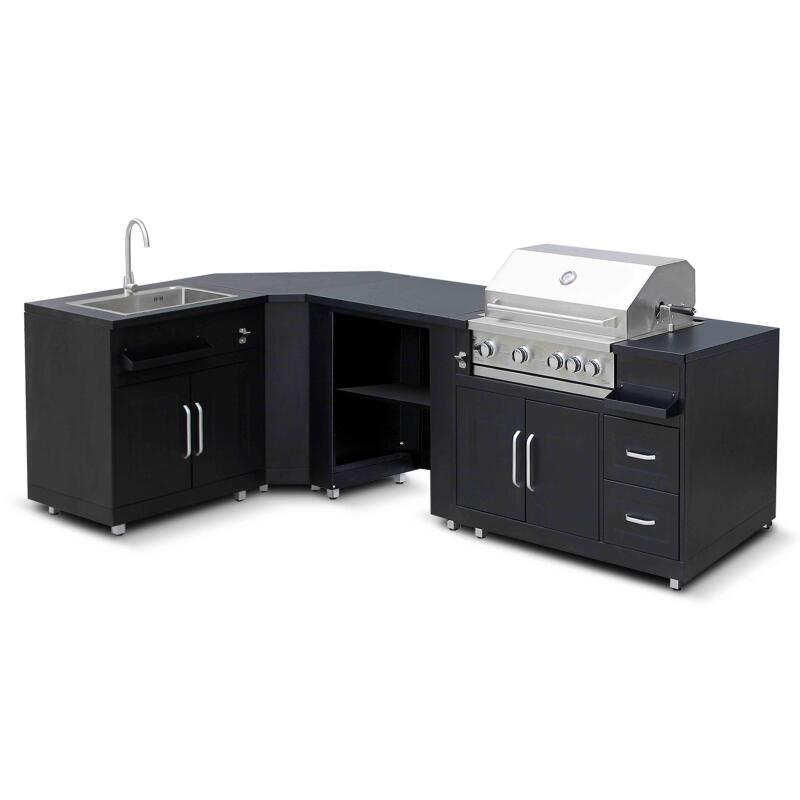 Cocina de exterior en ángulo de 4 elementos con fregadero y módulo de cocina para barbacoa