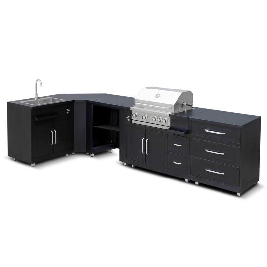 Cocina de exterior de metal de esquina con fregadero de exterior, barbacoa y almacenaje - 5 módulos | Oviala