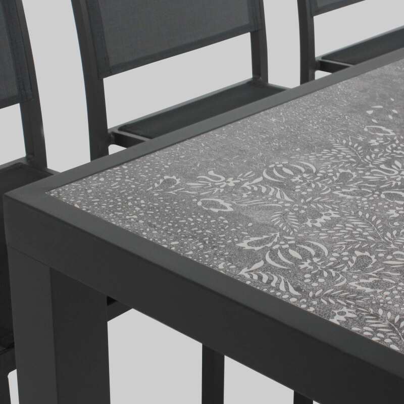 Mesa de jardín de cerámica con efecto estampado de 185 x 95 cm con 6 sillas sin brazos y 2 sillas con brazos