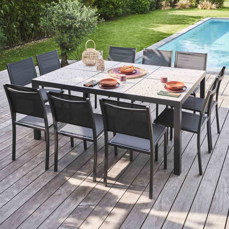 Mesa de jardín de cerámica con efecto terrazzo (182 x 121 x 74 cm) (6/7)