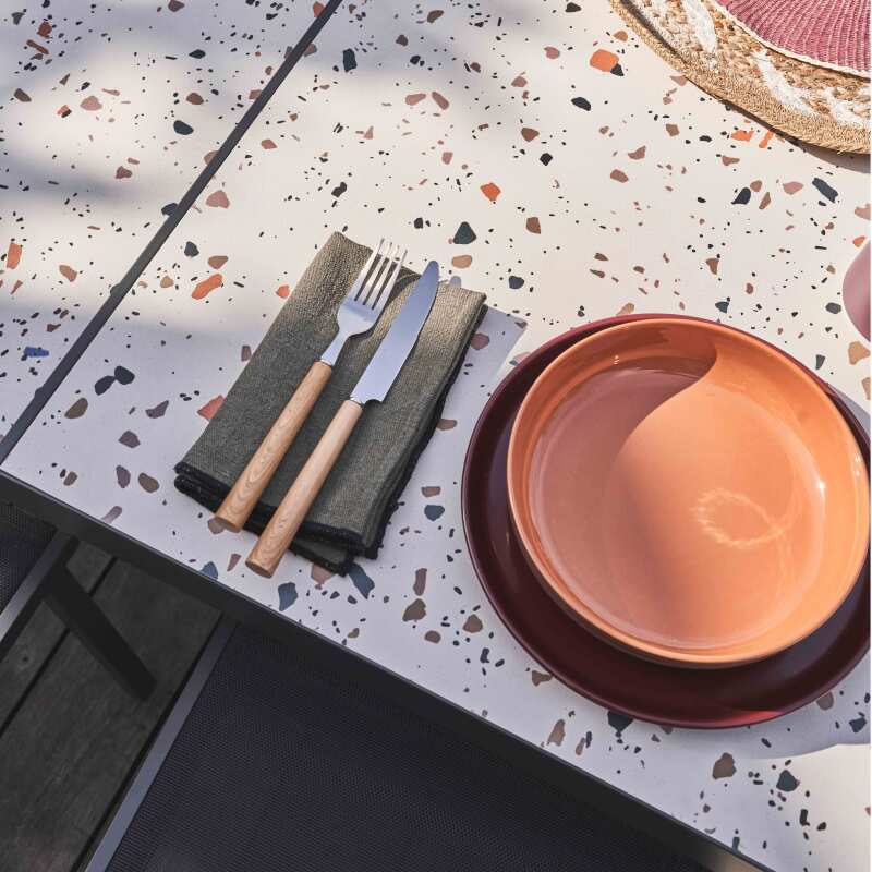 Mesa de jardín de cerámica con efecto terrazzo (182 x 121 x 74 cm) (3/7)