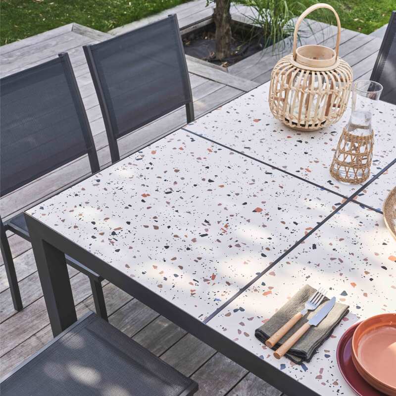 Mesa de jardín de cerámica con efecto terrazzo (182 x 121 x 74 cm) (2/7)