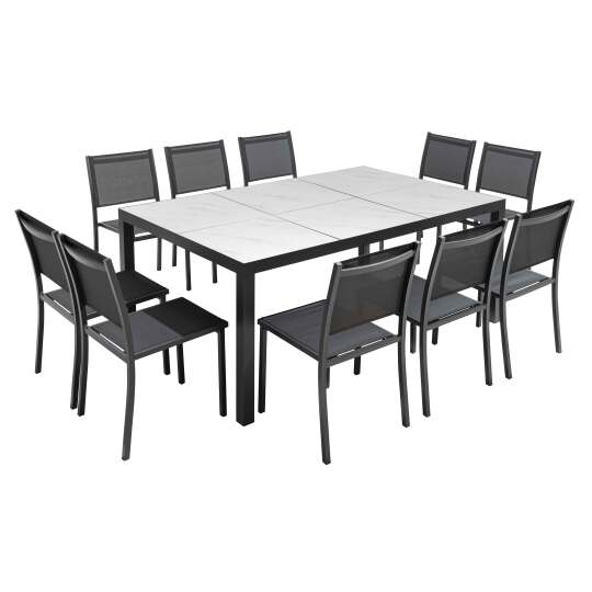 Mesa de jardín de cerámica con efecto mármol de 182 x 121 cm con 10 sillas