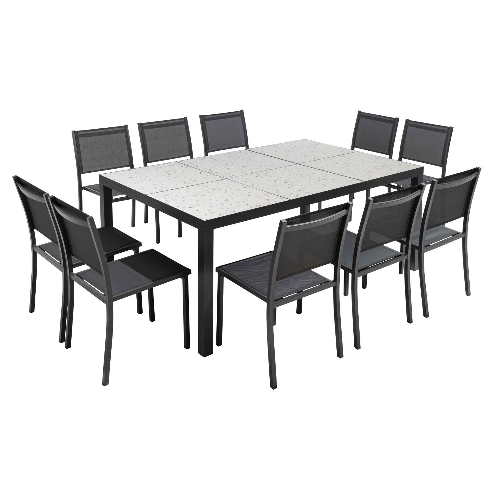 Mesa de jardín de cerámica con efecto terrazo de 182 x 121 cm con 10 sillas