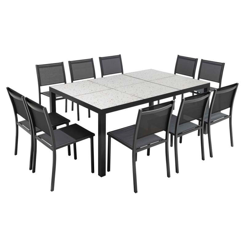 Mesa de jardín de cerámica con efecto terrazo de 182 x 121 cm con 10 sillas
