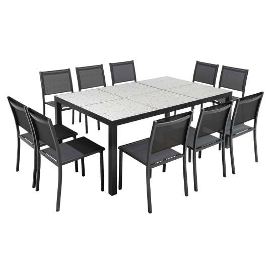 Mesa de jardín de aluminio y cerámica efecto terrazo 182x121 cm y 10 sillas de textilene | Oviala