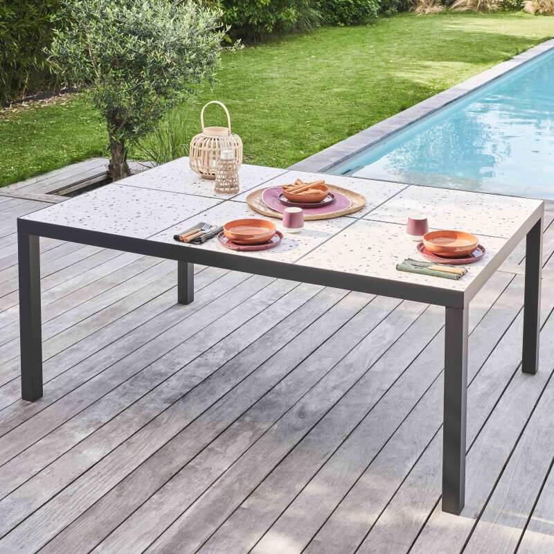 Mesa de jardín de cerámica con efecto terrazo de 182 x 121 cm con 10 sillas (6/7)