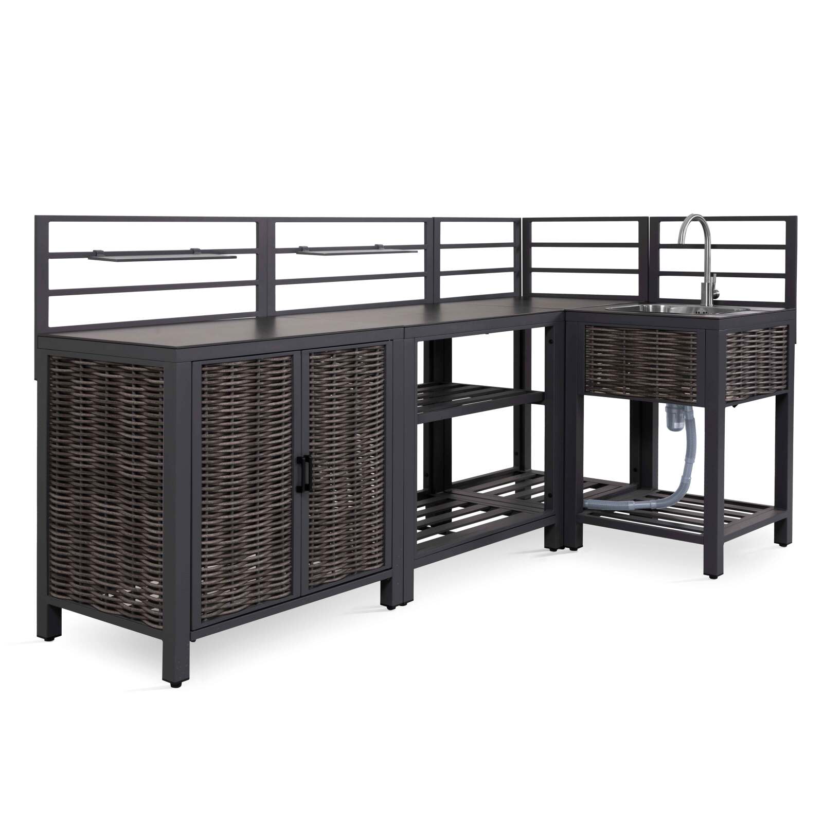 Mueble fregadero de aluminio y ratán sintético para cocina exterior